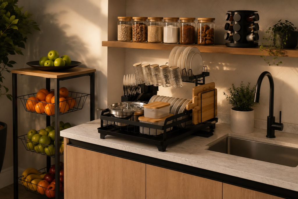 Cozinha organizada estilo preto e bambu: 10 itens Shopee que transformam o ambiente