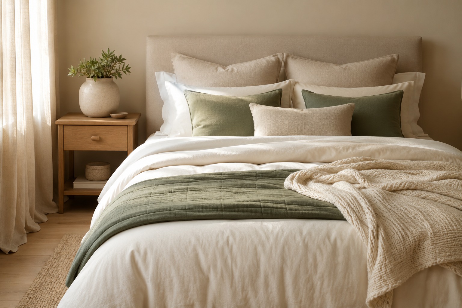 Cama de casal completamente montada com protetor, lençol, edredom, colcha, manta e almofadas decorativas em paleta off-white e sage green