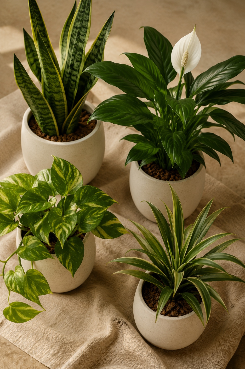 Plantas que purificam o ar decorando sala de estar — espada-de-são-jorge, lírio da paz e clorofito