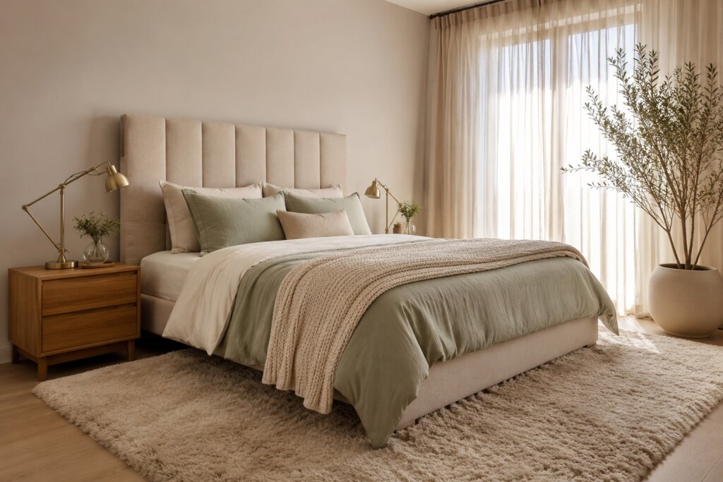 Quarto de casal com cabeceira estofada em linho bege, roupa de cama sage green e off-white, criados-mudos de madeira e planta em vaso de cerâmica