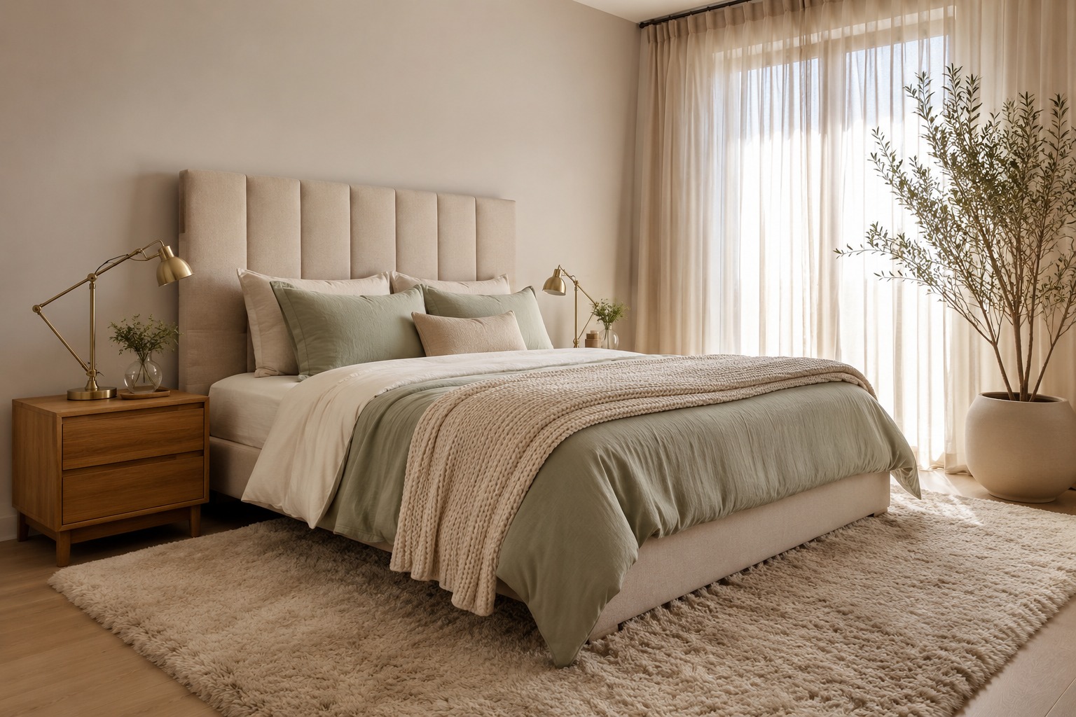 Quarto de casal com cabeceira estofada em linho bege, roupa de cama sage green e off-white, criados-mudos de madeira e planta em vaso de cerâmica