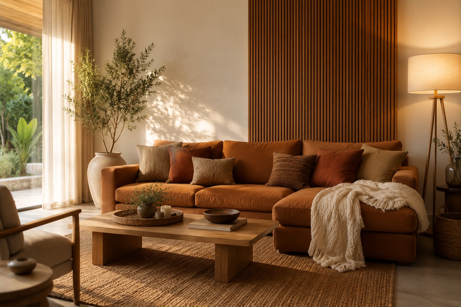 Sala de estar neutra com sofá caramelo, tapete de juta, painel ripado e plantas em tons terrosos