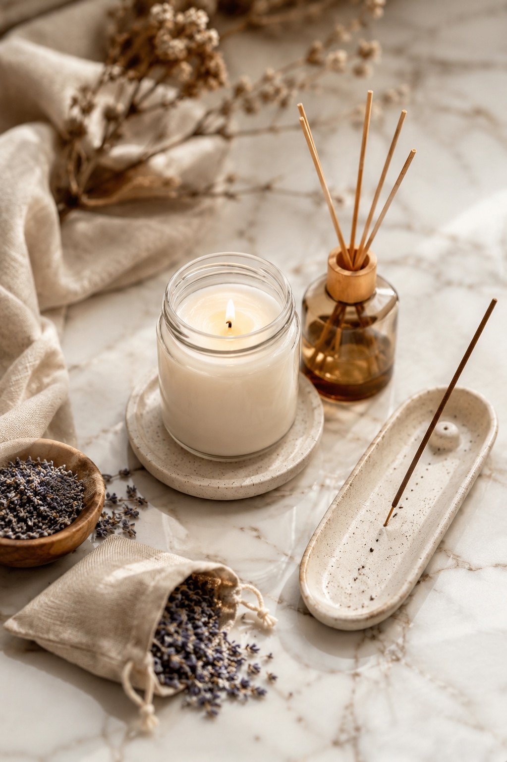 Velas acesas e difusores de aroma criando atmosfera aconchegante em casa