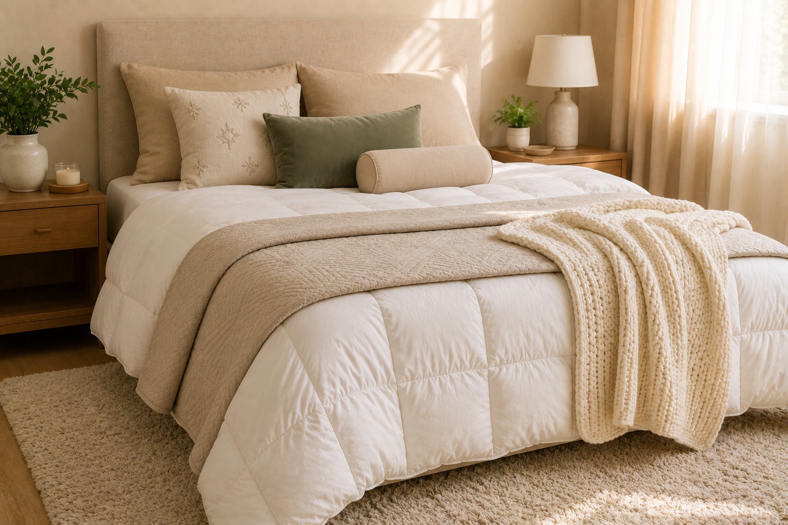 Cama de casal completamente montada com protetor, lençol, edredom, colcha, manta e almofadas em paleta off-white, bege e sage green