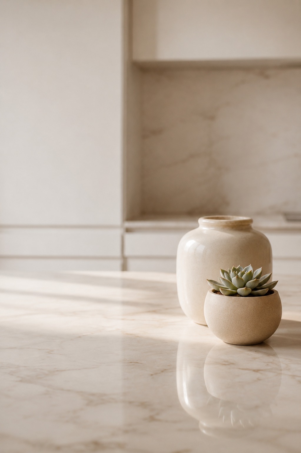 Cozinha minimalista com bancada limpa e poucos itens essenciais