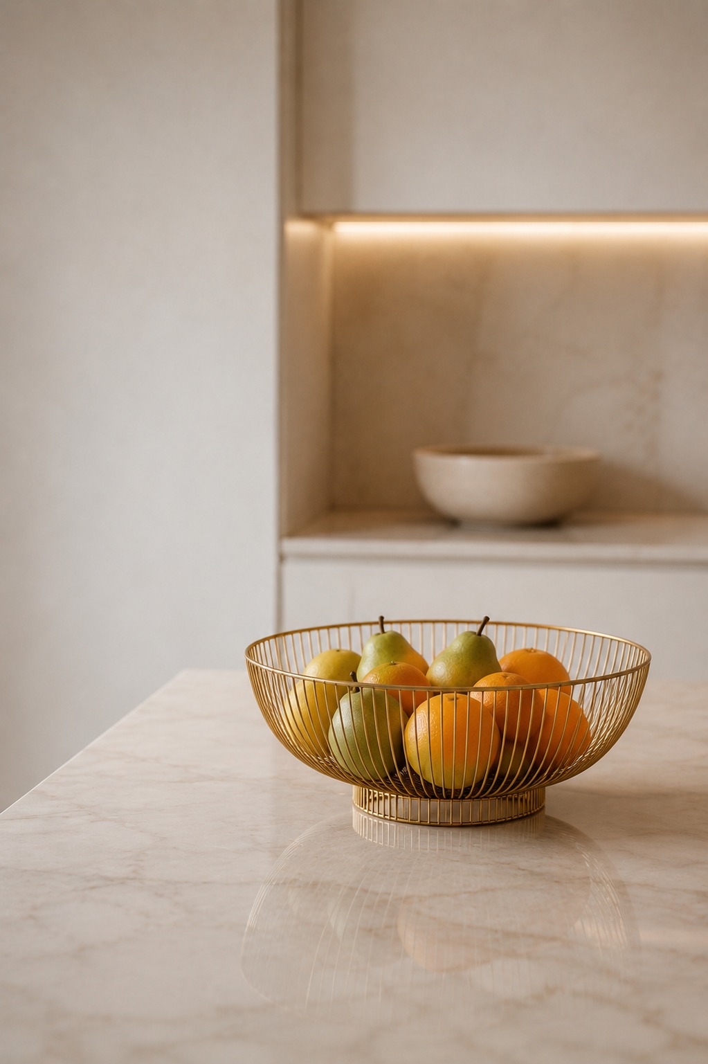 Cozinha minimalista com paleta neutra de branco e madeira