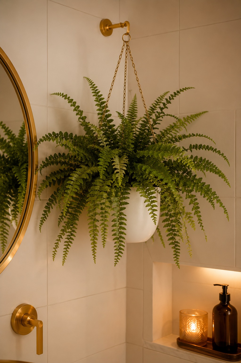 Banheiro com iluminação bem planejada, arandelas e luz quente
