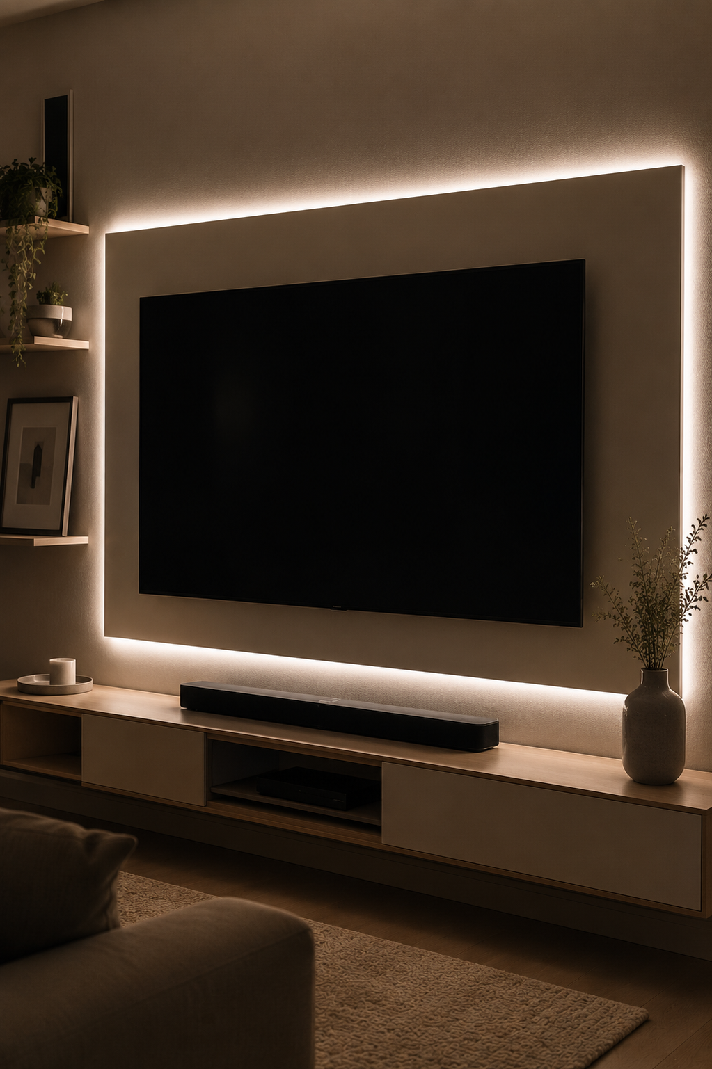 Fita LED atrás da TV criando luz indireta no ambiente