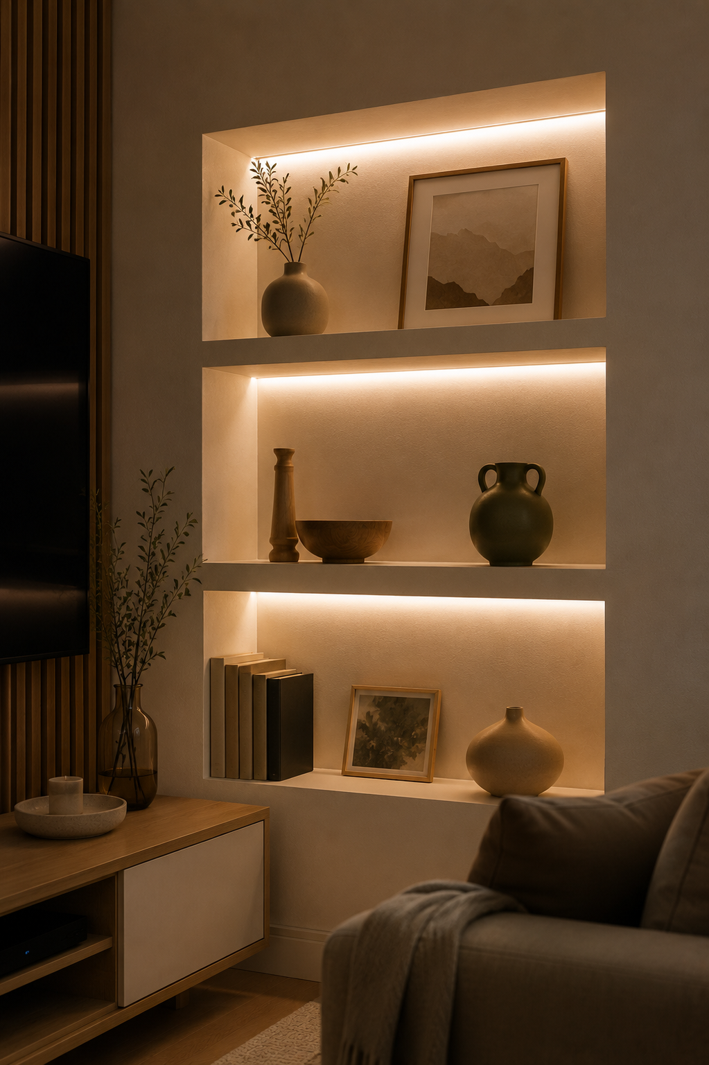 Fita LED instalada no nicho da TV