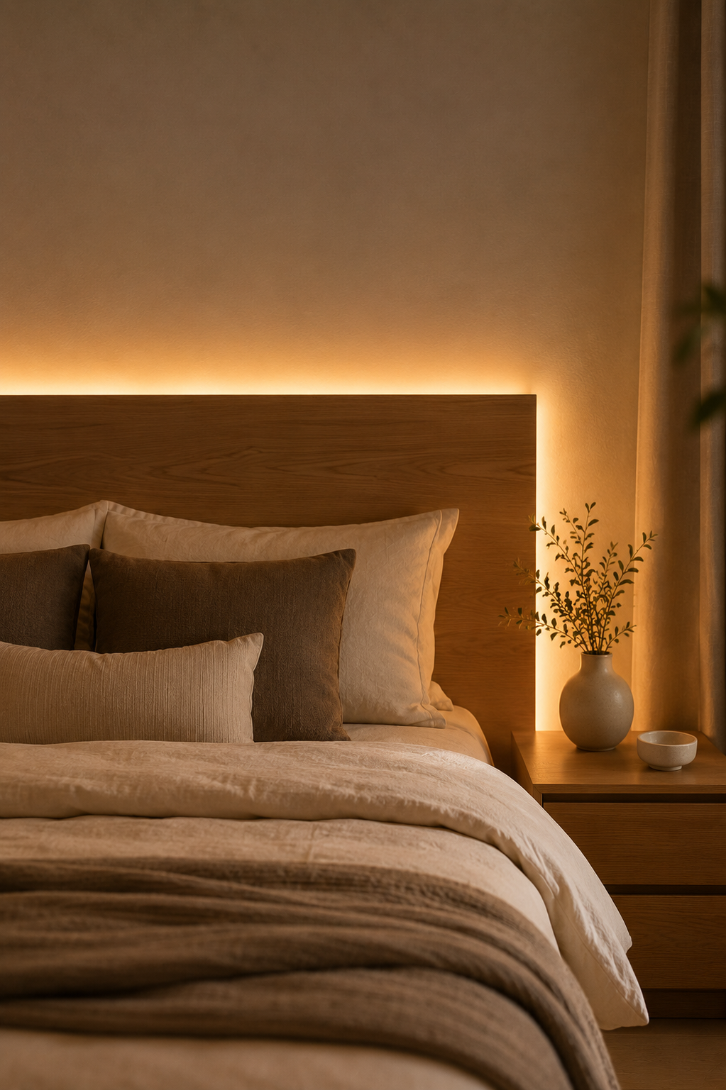 Fita LED no cabeceiro da cama criando atmosfera relaxante