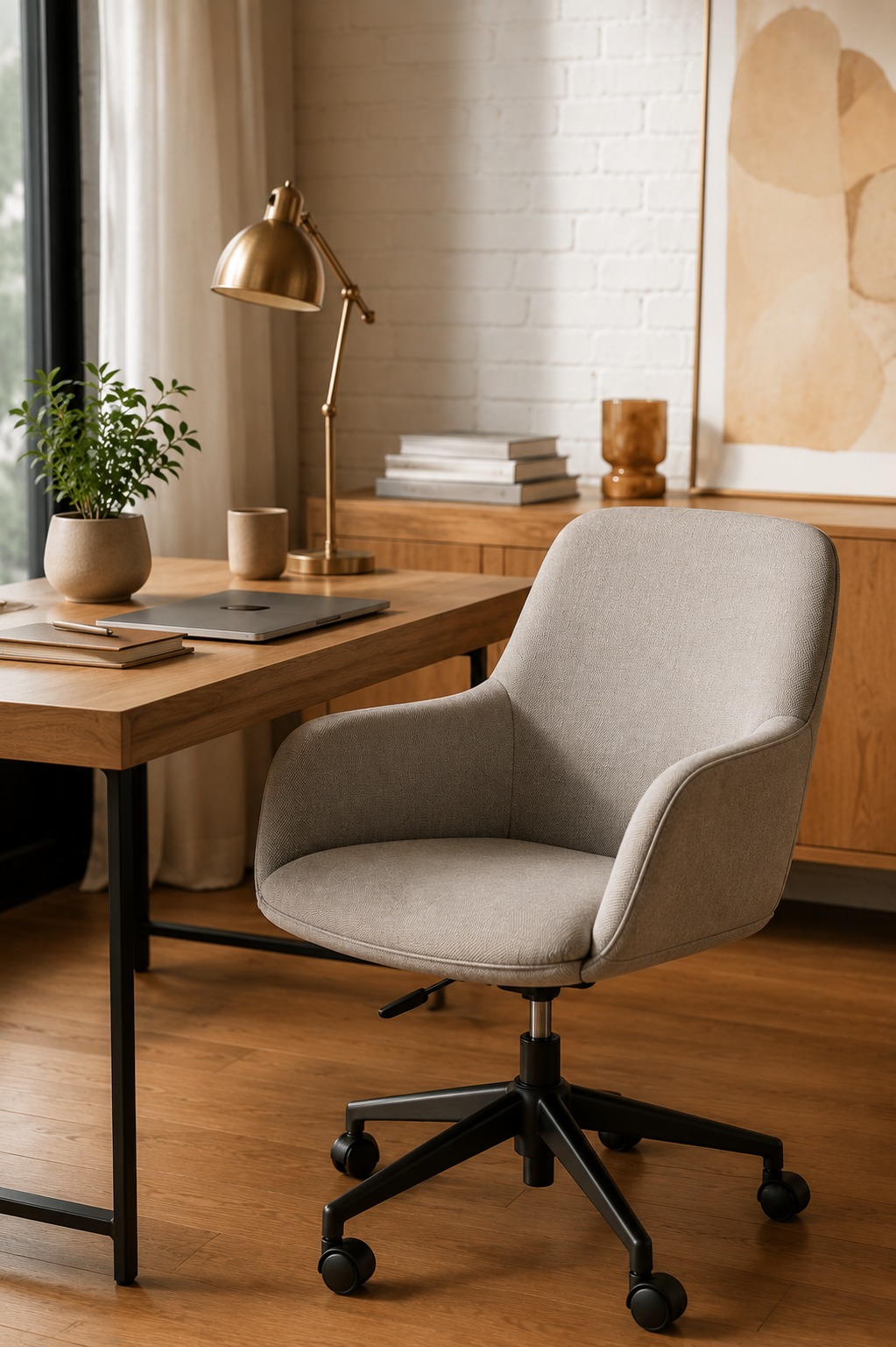 Configuração ergonômica de home office com cadeira e monitor corretos