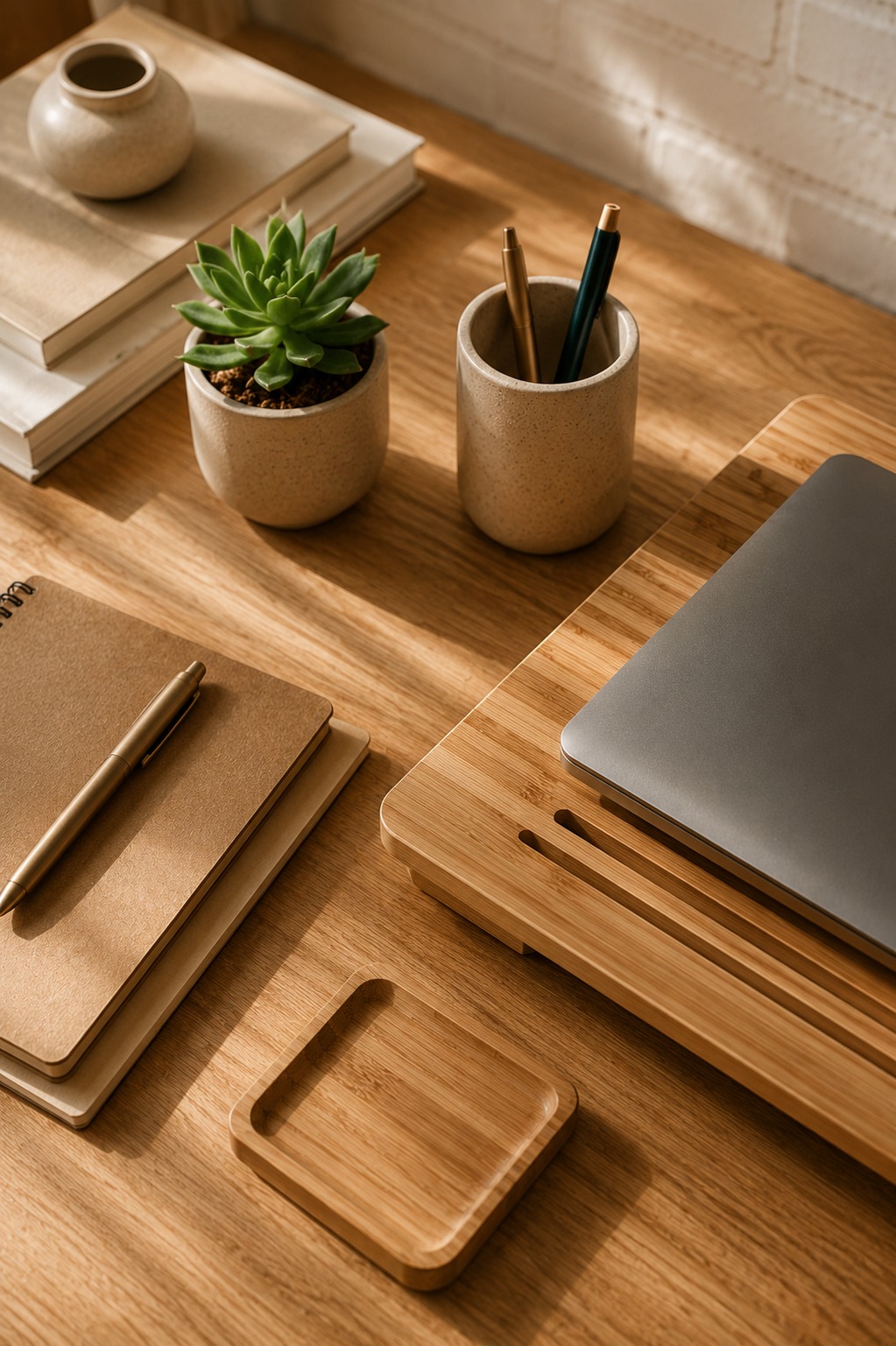 Mesa de home office com boa iluminação natural e organização minimalista