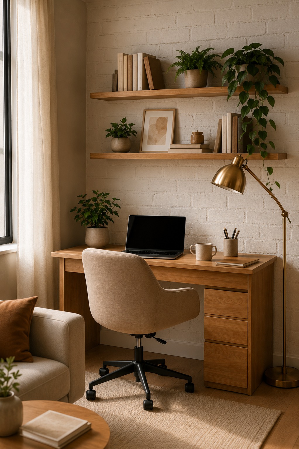 Home office decorado com planta, quadro e paleta de cores neutras