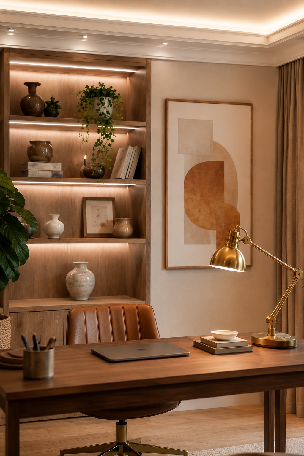 Home office com iluminação em camadas: teto, mesa e LED de acento