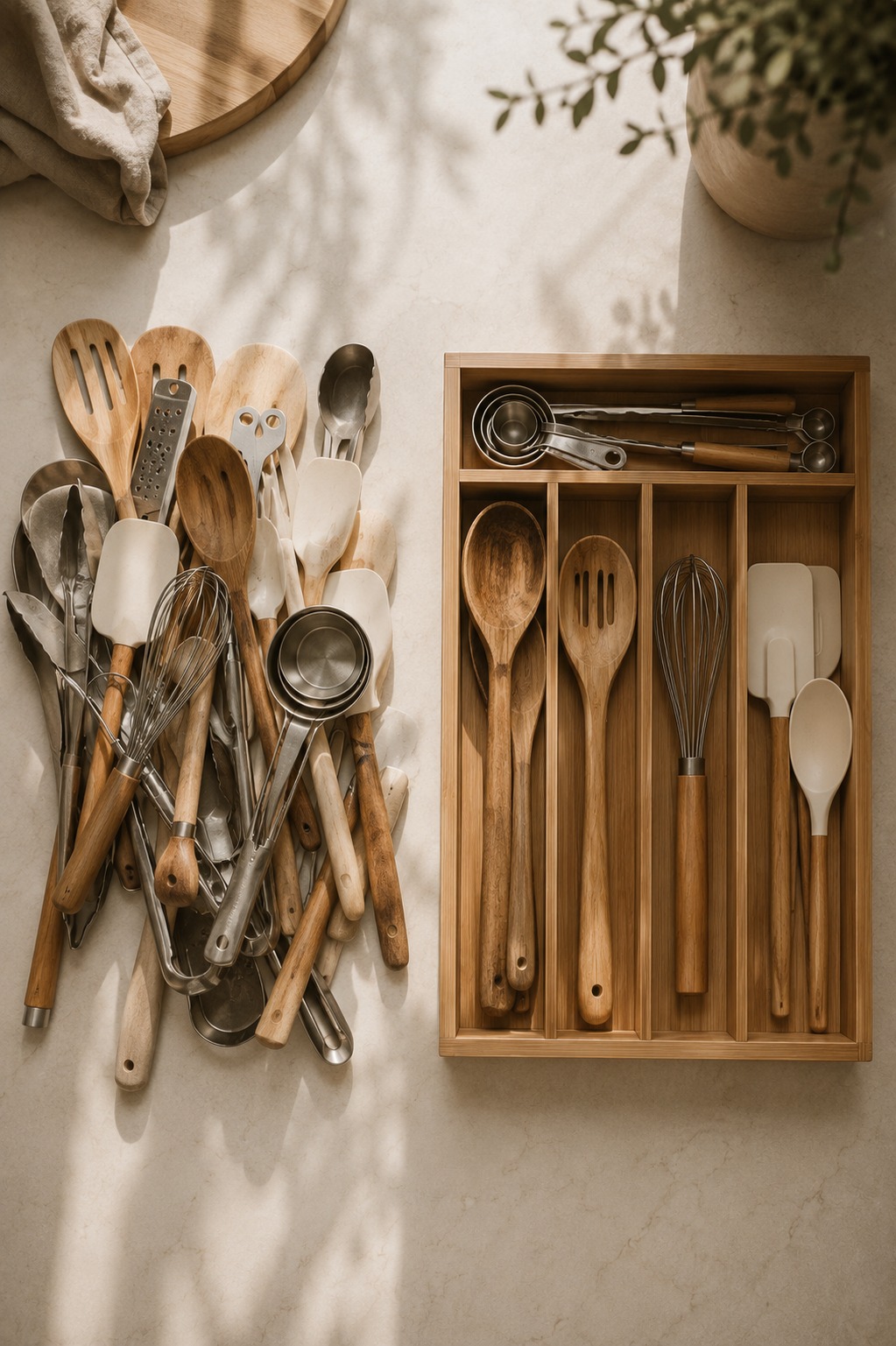 Antes e depois de armário de cozinha organizado com método