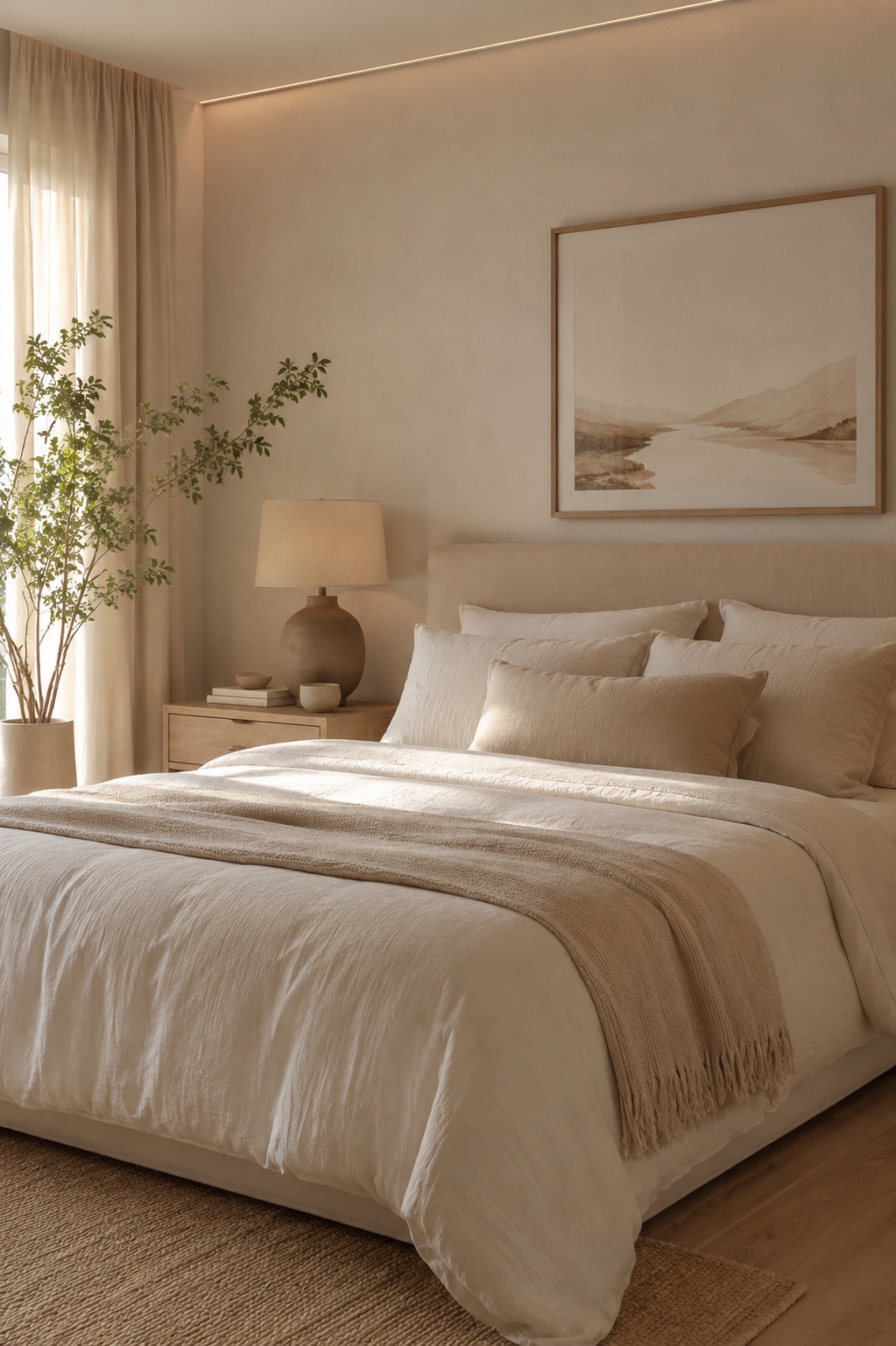 Paleta neutra com off-white, bege e caramelo para quarto sofisticado