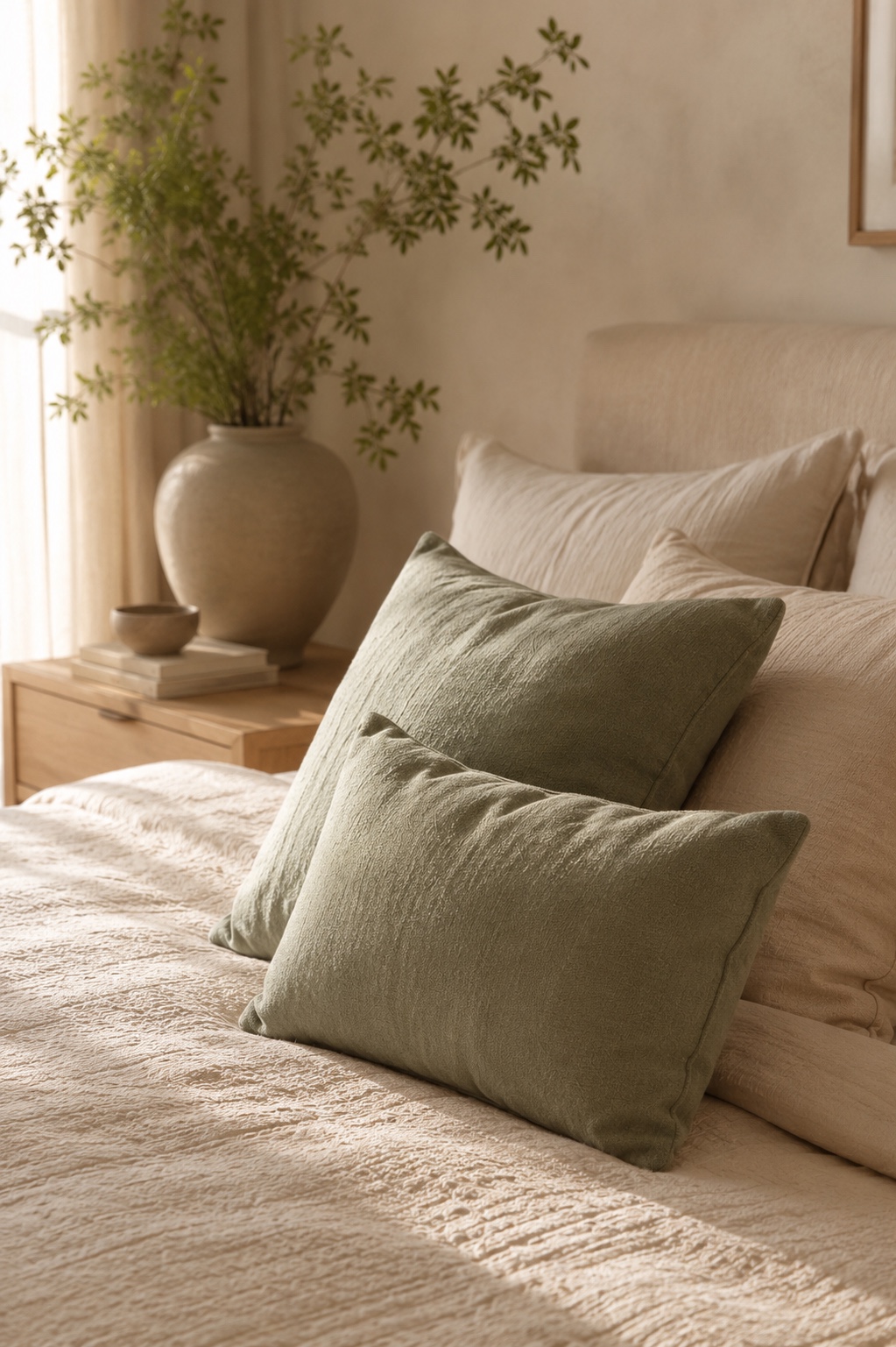 Paleta sage e bege para quarto com tons naturais e orgânicos