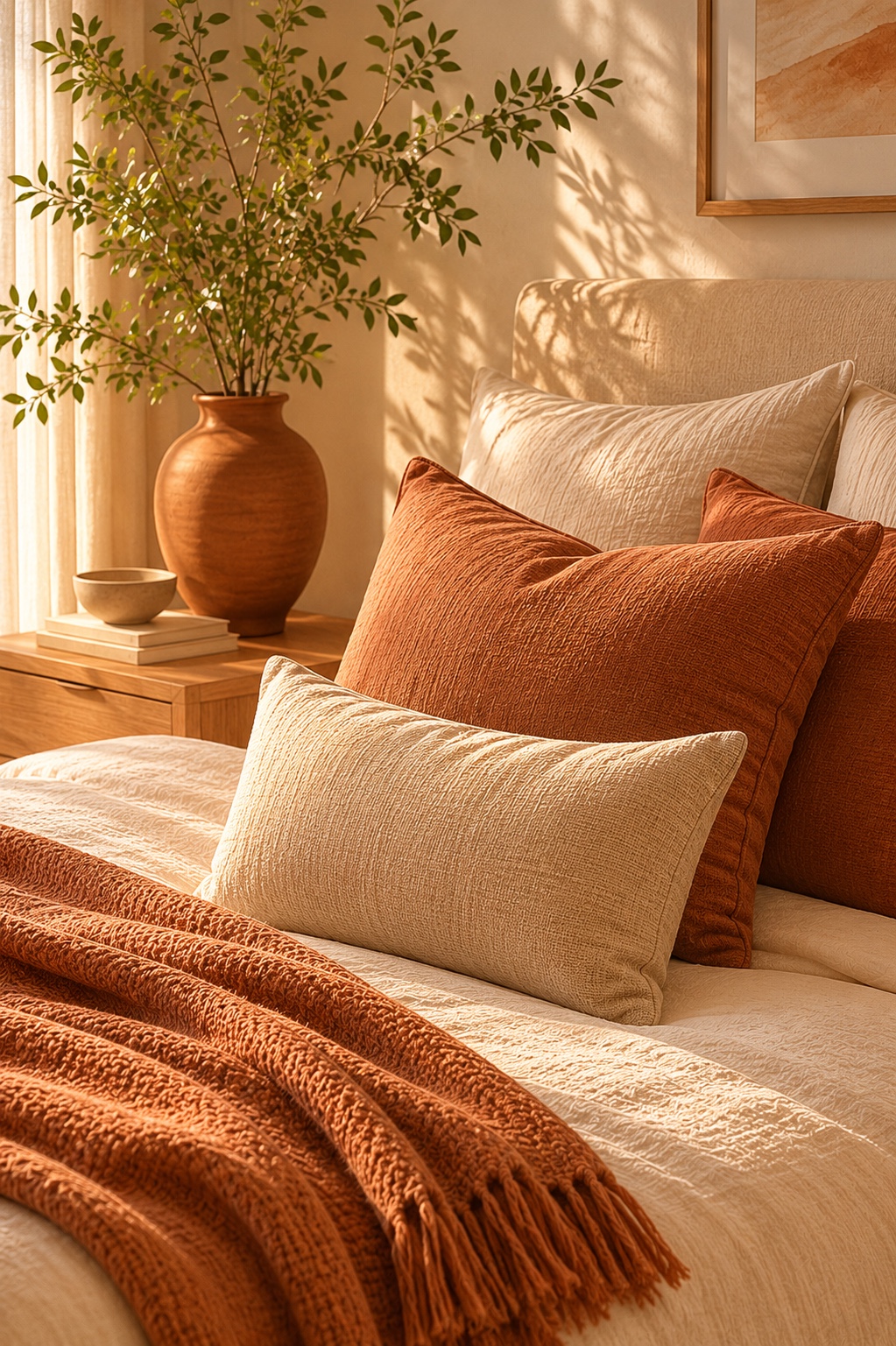 Paleta terracota com tons de terra calorosos para quarto aconchegante