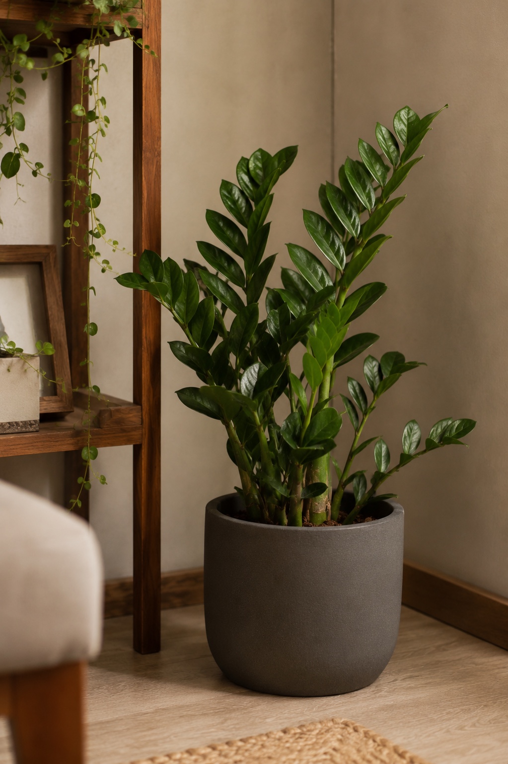 Zamioculca com folhas verde-escuras brilhantes em canto de sala com pouca luz