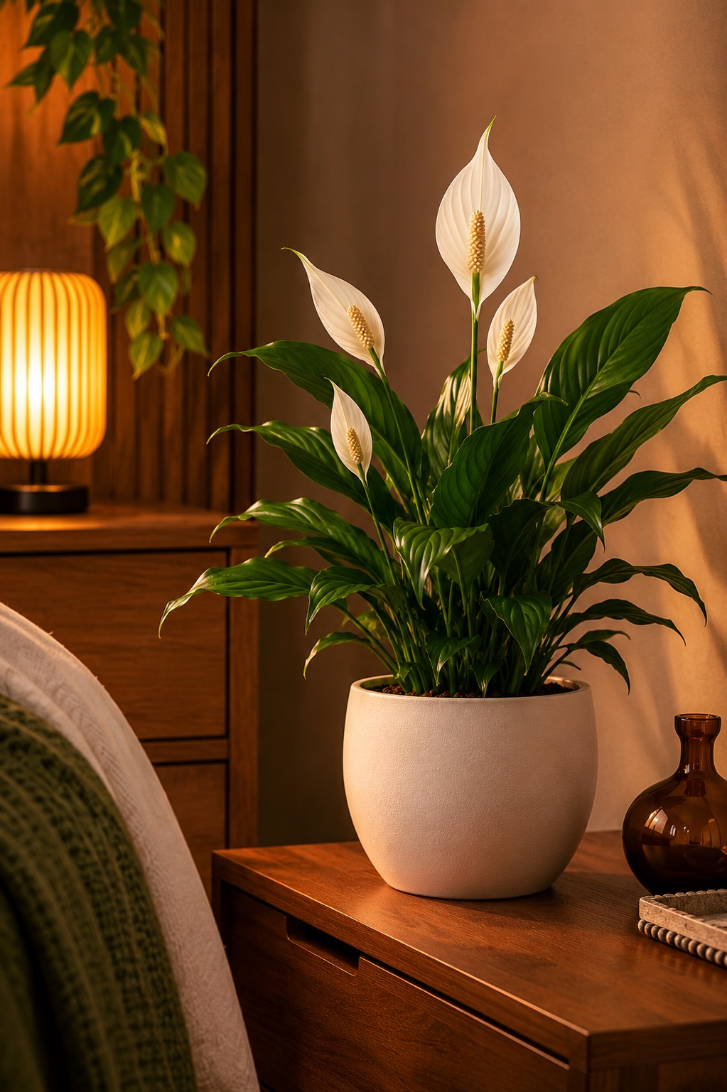 Lírio da paz com flores brancas em ambiente interno — beleza e purificação do ar