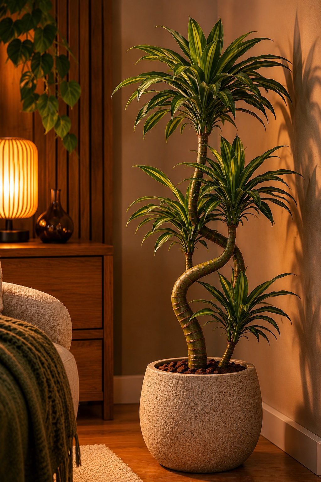 Dracena e clorofito decorando prateleira — plantas versáteis que filtram toxinas