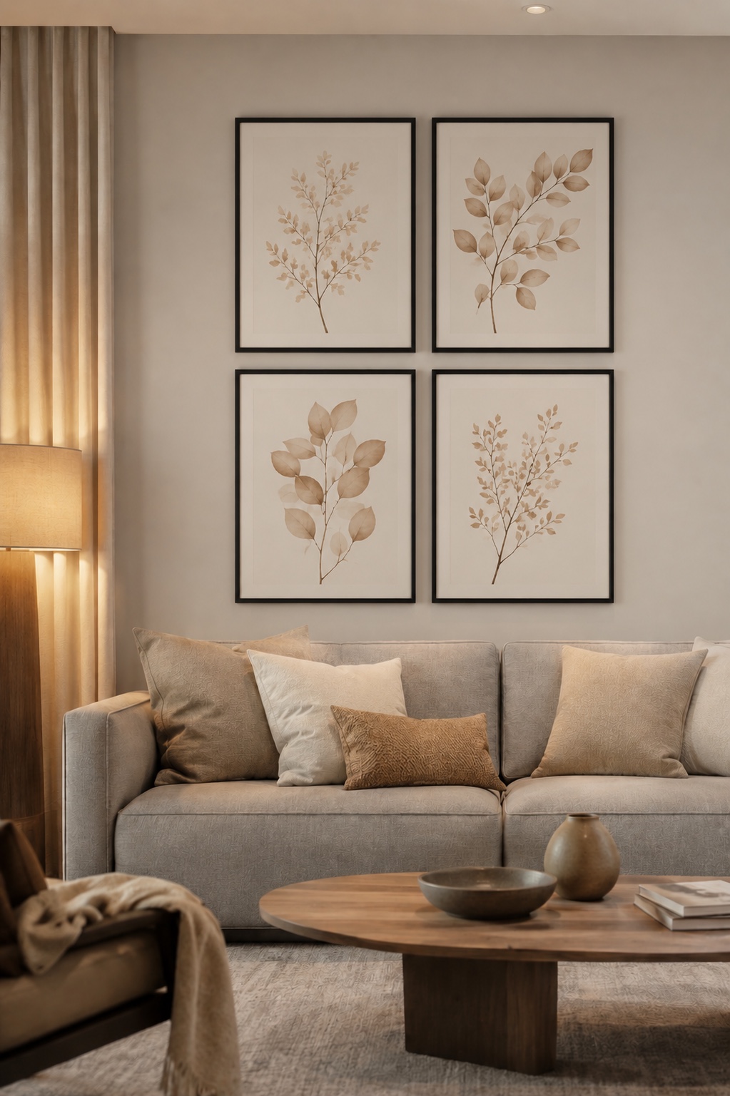 Galeria de parede minimalista com mix de tamanhos e molduras — composição elegante