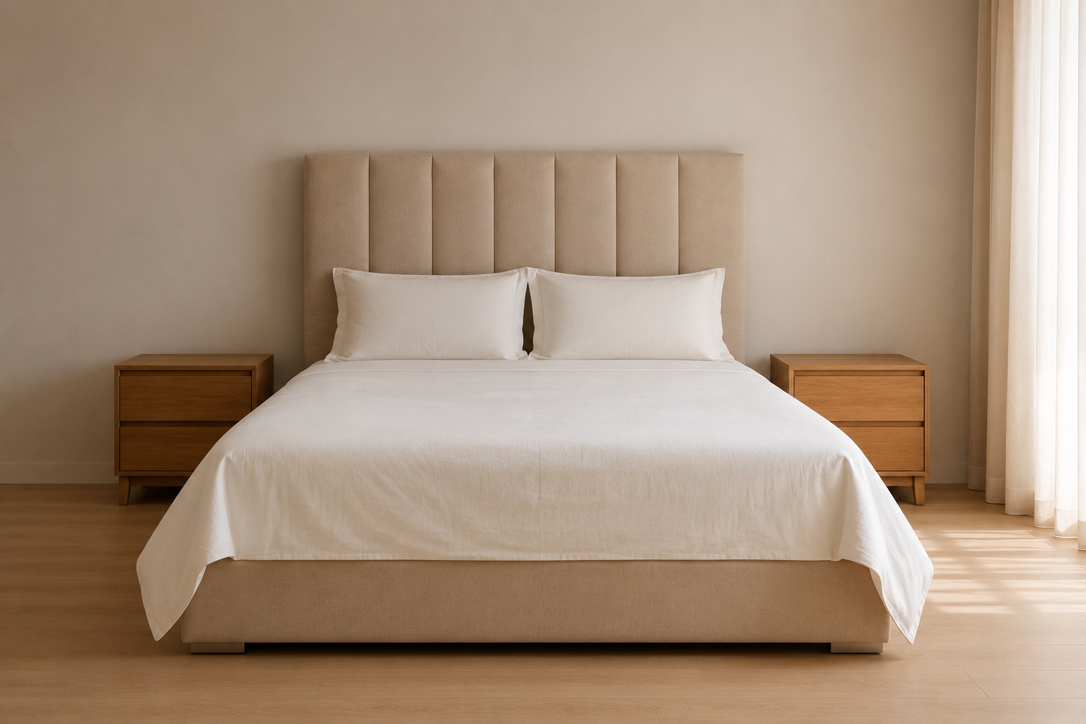 Cama de casal com cabeceira estofada alta em linho bege contra parede off-white, flanqueada por criados-mudos simétricos de madeira natural