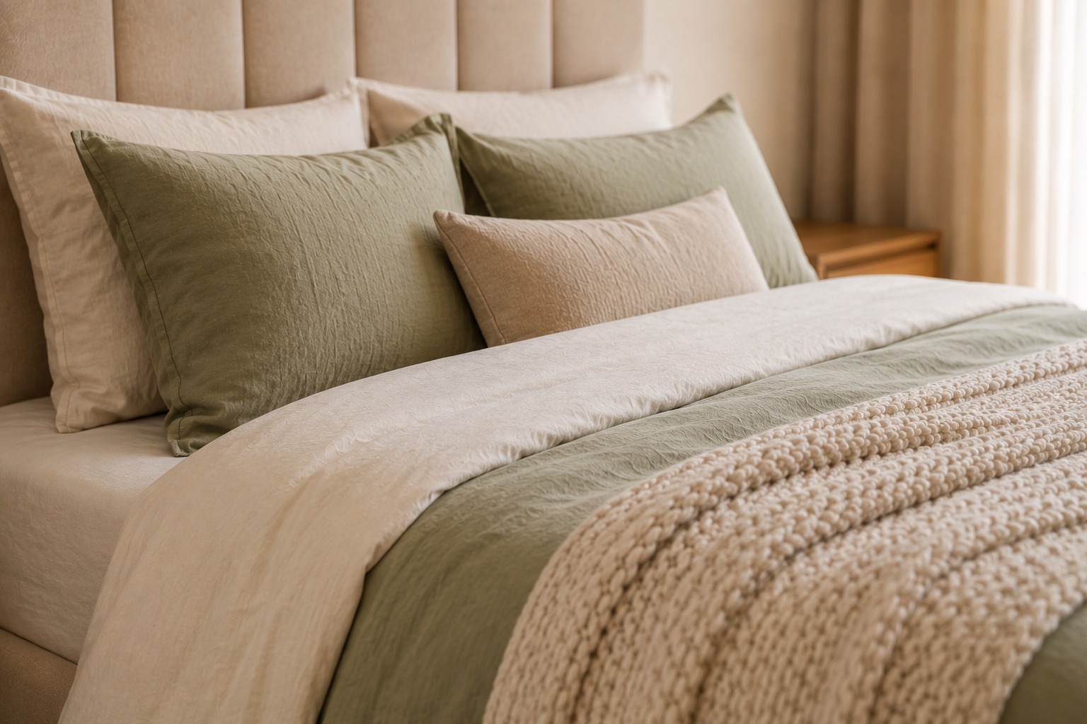 Close na cama com fronhas em linho off-white, almofadas em sage green e bege e manta de tricô dobrada no pé da cama