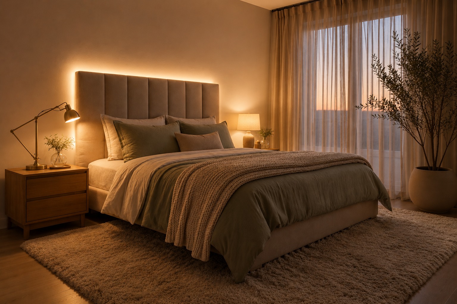 Quarto ao entardecer com halo de LED quente atrás da cabeceira estofada, luminária articulada dourada e abajur de linho criando atmosfera aconchegante