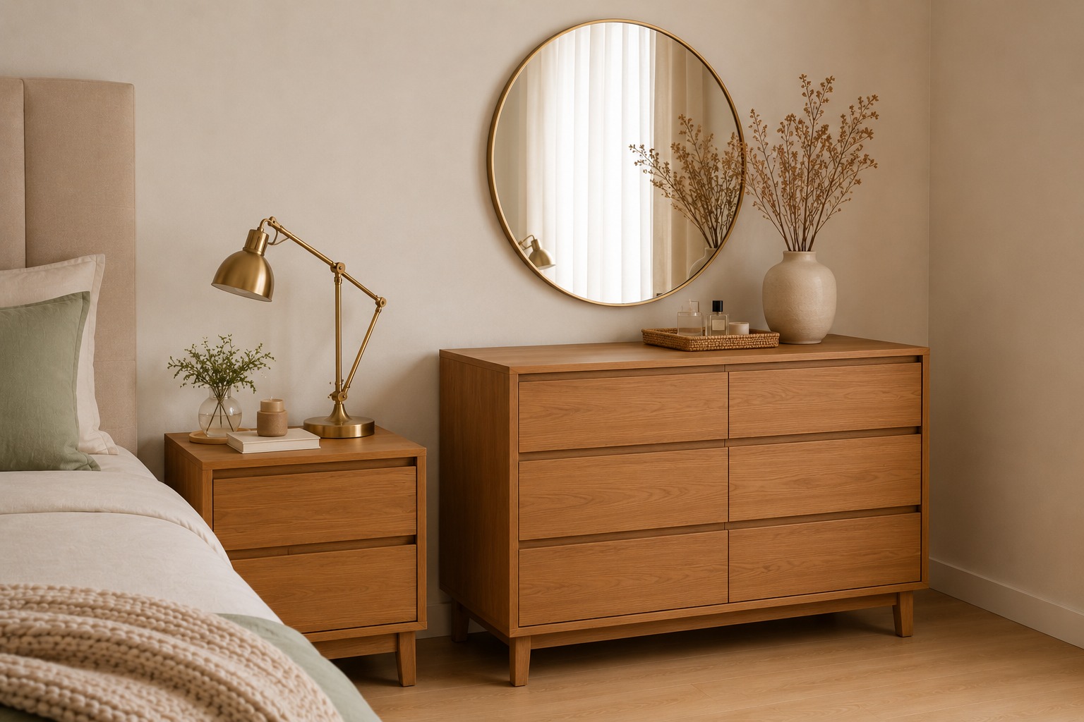 Criado-mudo de madeira com luminária dourada e planta ao lado de cômoda de madeira clara com espelho redondo dourado e objetos decorativos em cerâmica e rattan