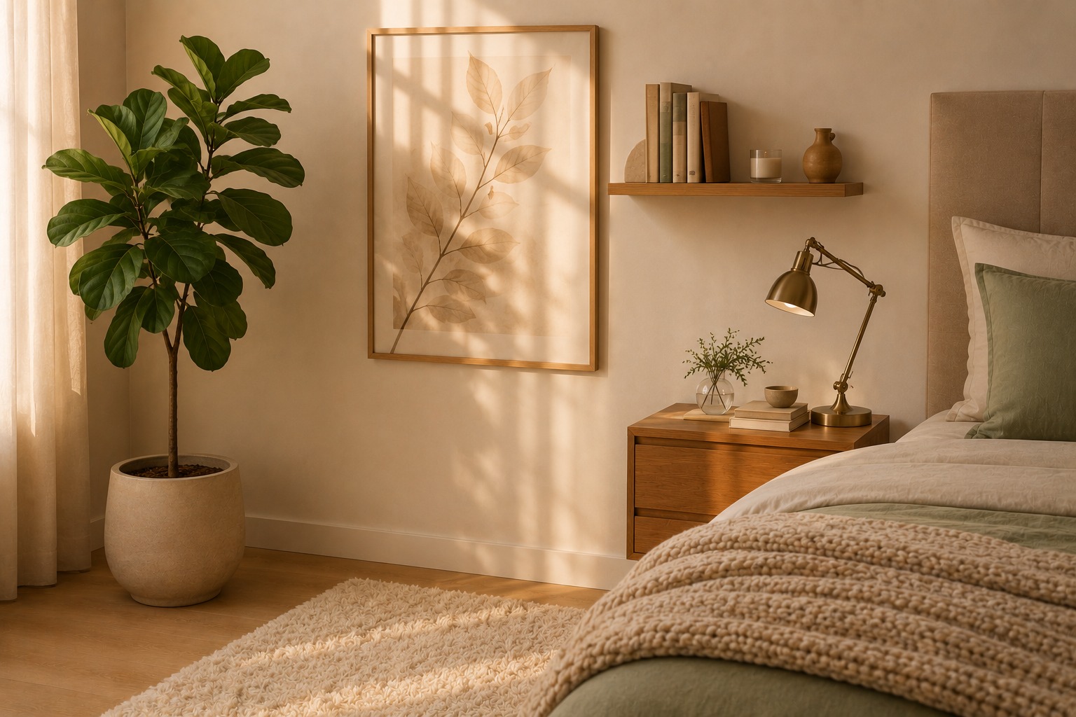 Canto do quarto com figueira em vaso de cerâmica, quadro botânico em moldura dourada, tapete felpudo bege e prateleira flutuante de madeira com livros