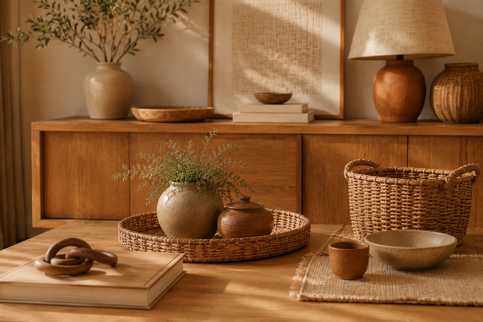 Mesa de centro com bandeja de rattan, vasos de cerâmica artesanal e cesto de palha em tons terrosos
