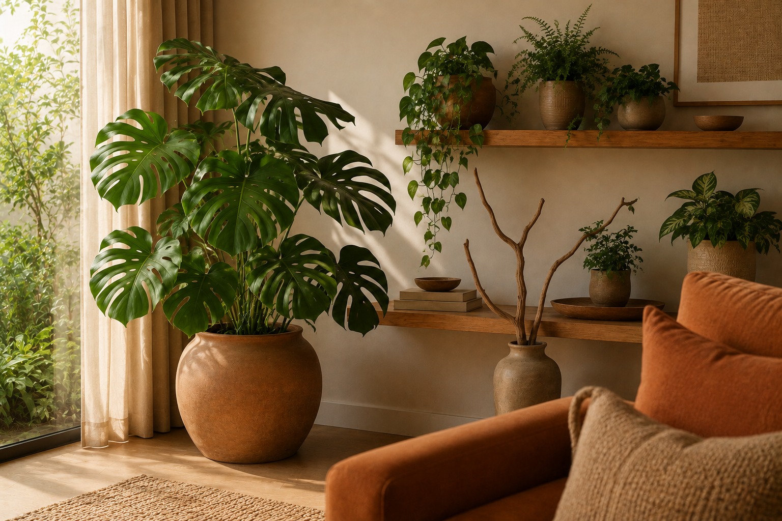 Monstera em vaso de cerâmica com prateleira de madeira e plantas menores integrando verde à paleta terrosa