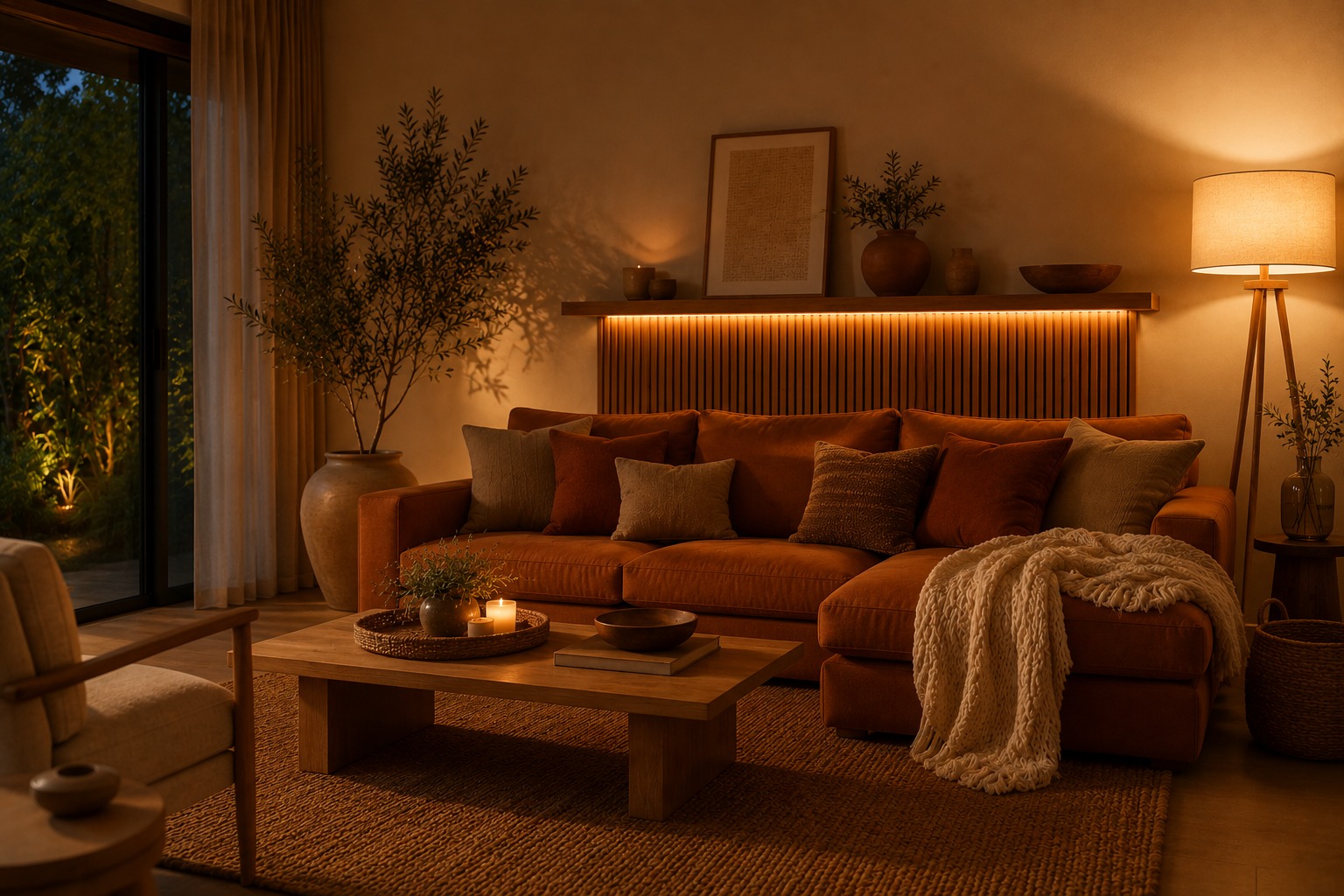 Sala de estar à noite com luminária de piso, LED embutido em painel ripado e velas criando atmosfera aconchegante