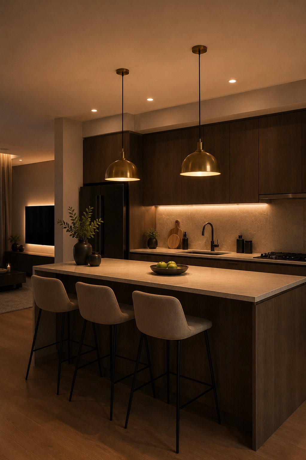 Iluminação da cozinha com luz funcional sobre bancada e pendentes decorativos