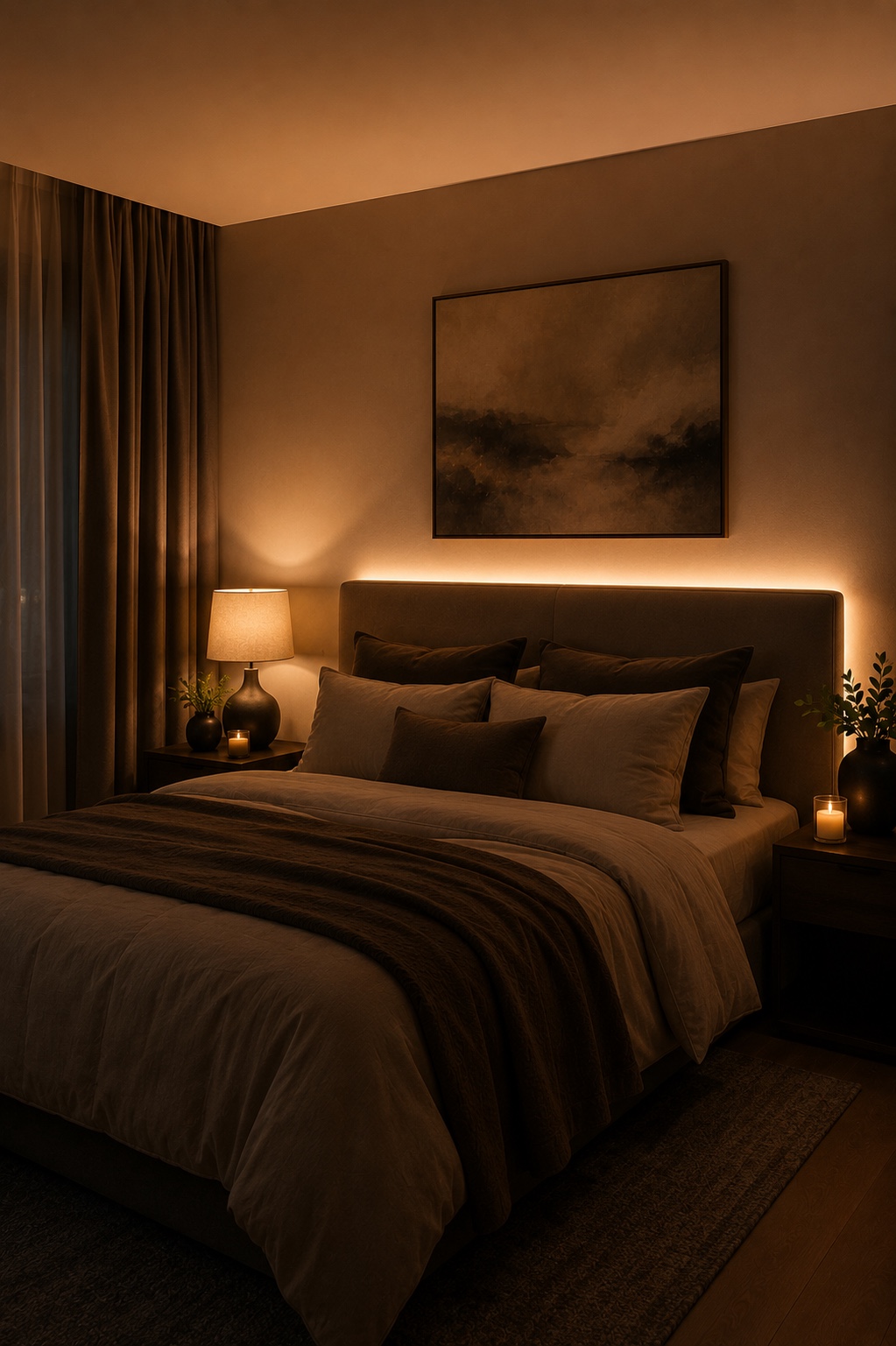 Iluminação do quarto com luz suave e indireta — abajur e fita LED para criar atmosfera de descanso