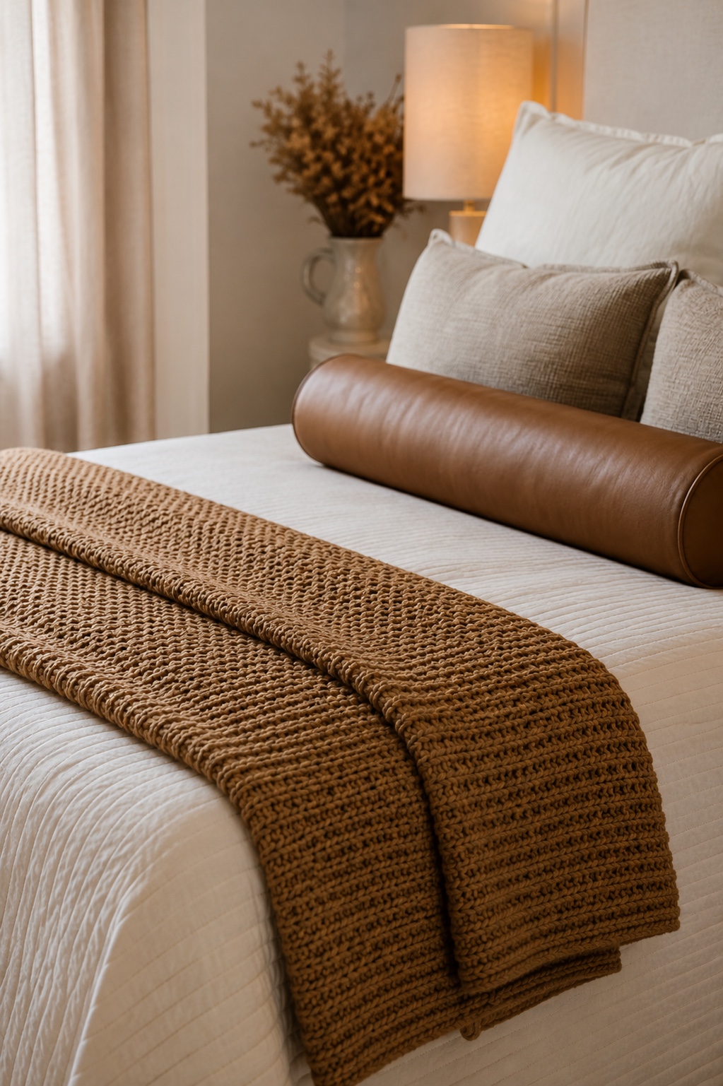 Manta jogada no pé da cama com intenção — textura e cor como toque final decorativo
