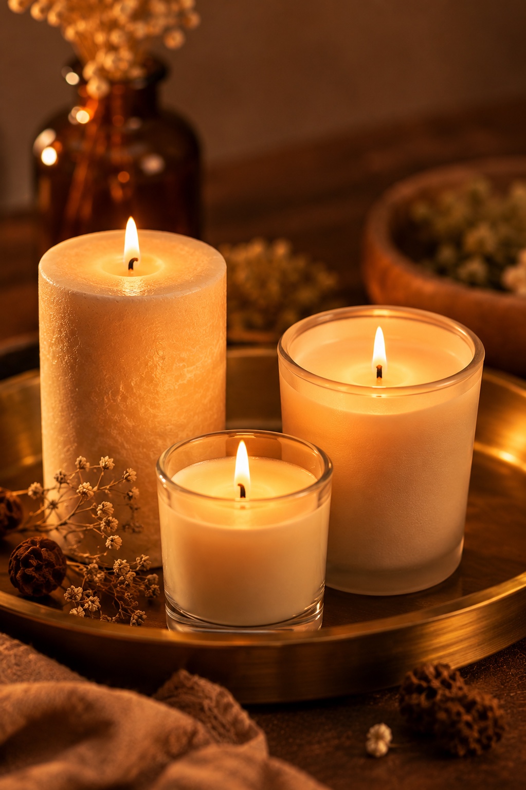 Conjunto de velas em diferentes tipos de cera — soja, parafina e cera de abelha