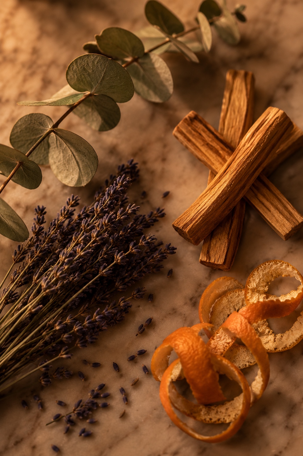 Ingredientes aromáticos naturais — lavanda, madeira e cítricos para cada cômodo da casa