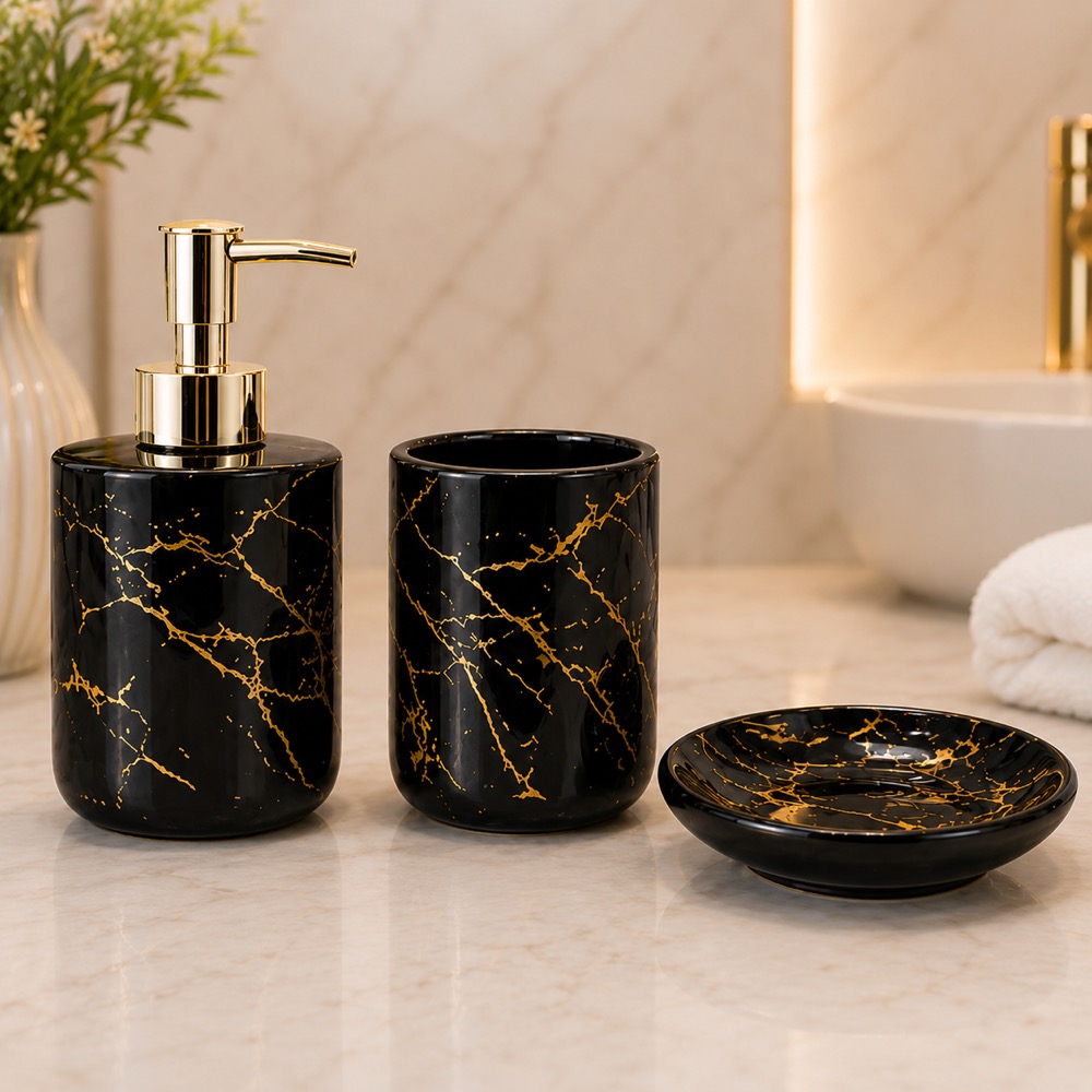 Kit de banheiro mármore preto e branco com veios dourados, dois conjuntos coordenados