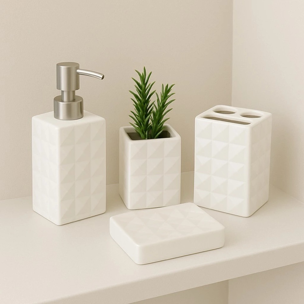 Kit de banheiro 4 peças em cerâmica branca com textura diamante geométrica