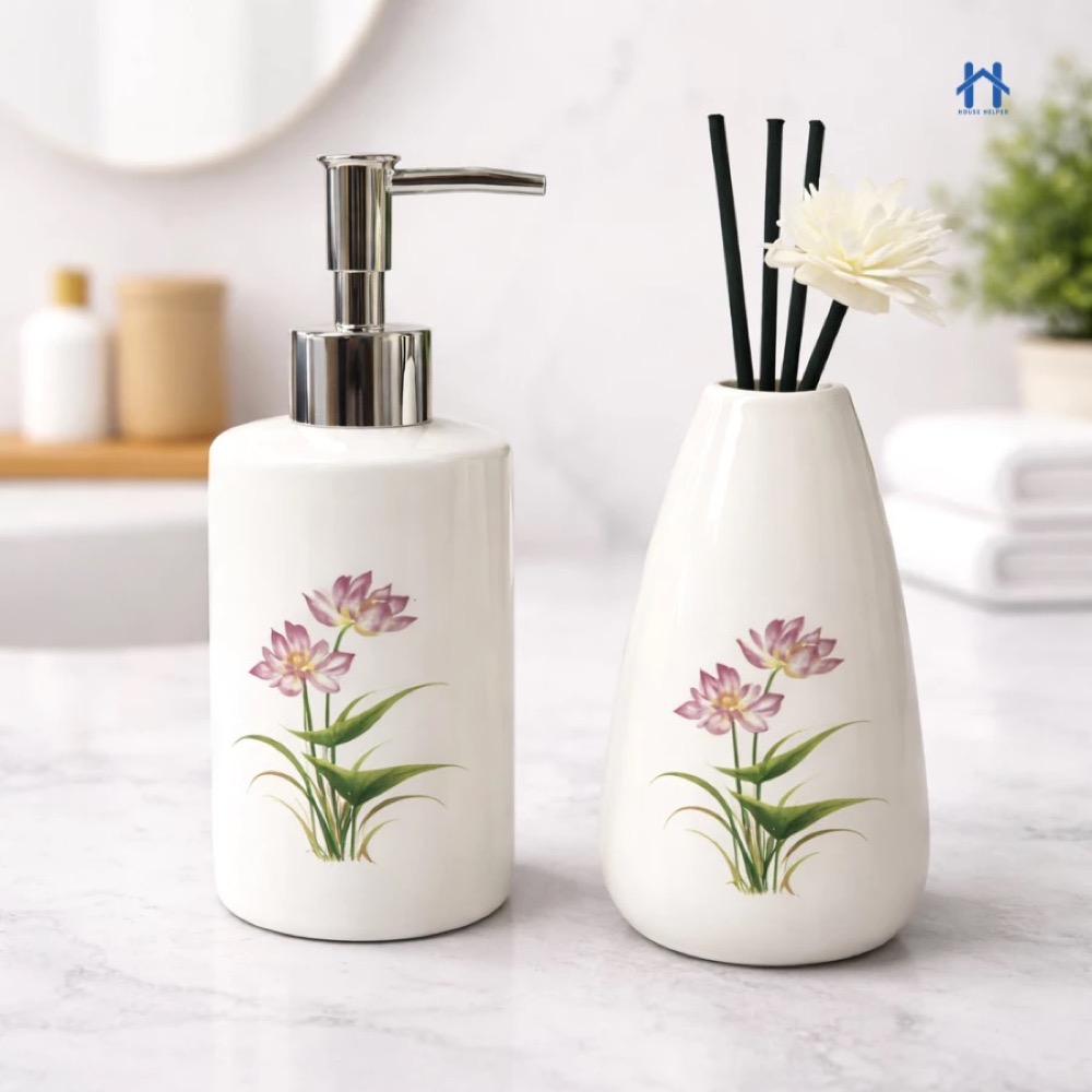 Kit de banheiro cerâmica branca com flores de lótus pintadas em rosa