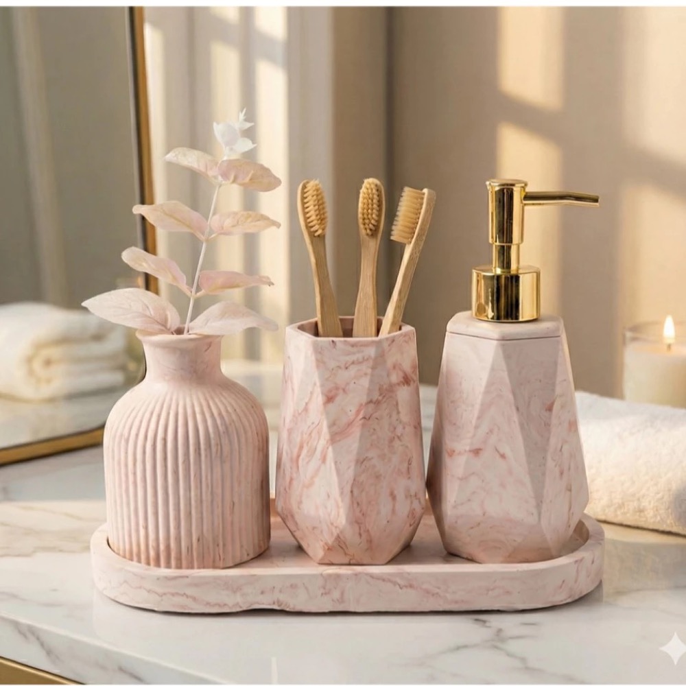 Kit de banheiro mármore rosa com detalhes dourados, 4 peças completas com bandeja