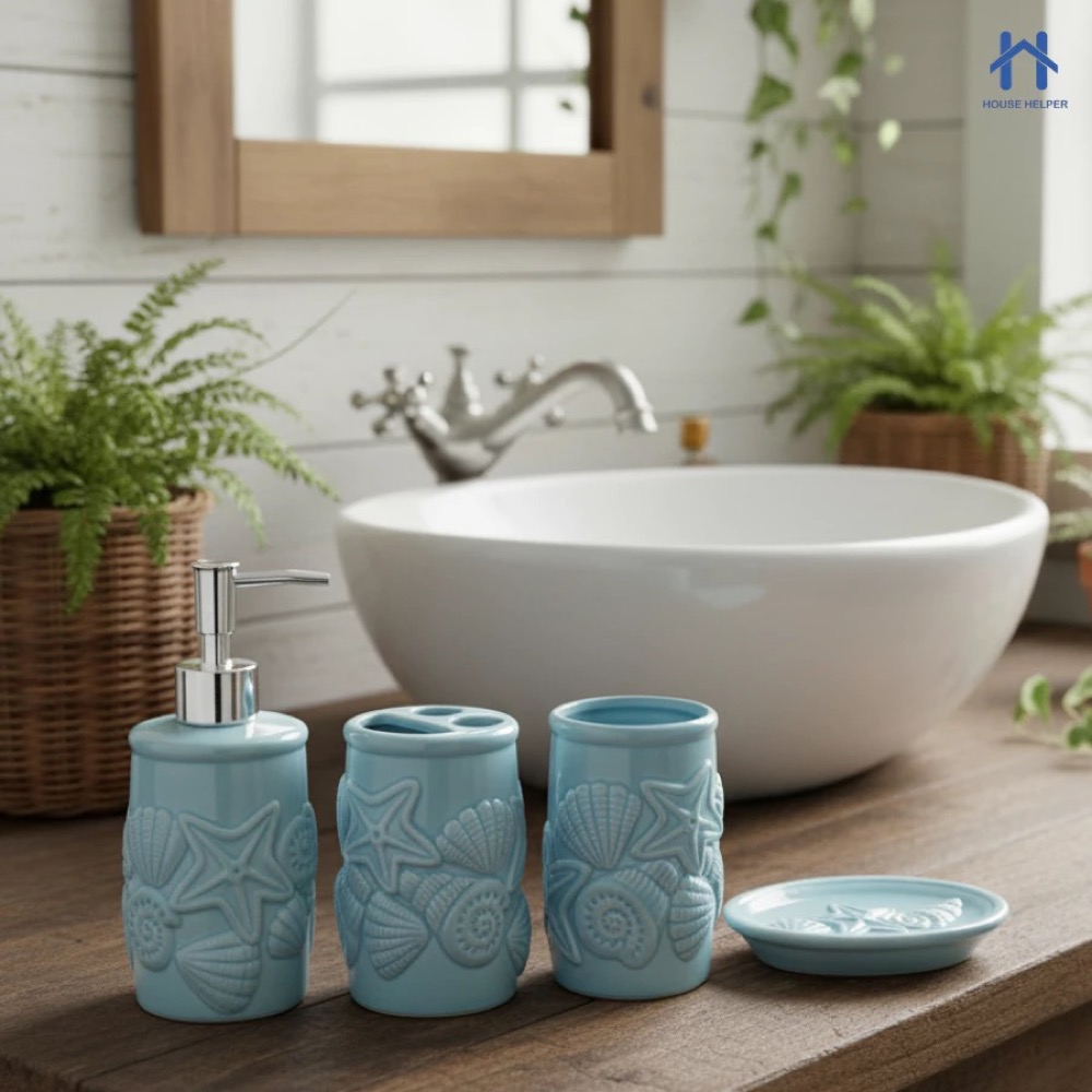 Kit de banheiro cerâmica azul com relevo de conchas e estrelas-do-mar, estilo coastal
