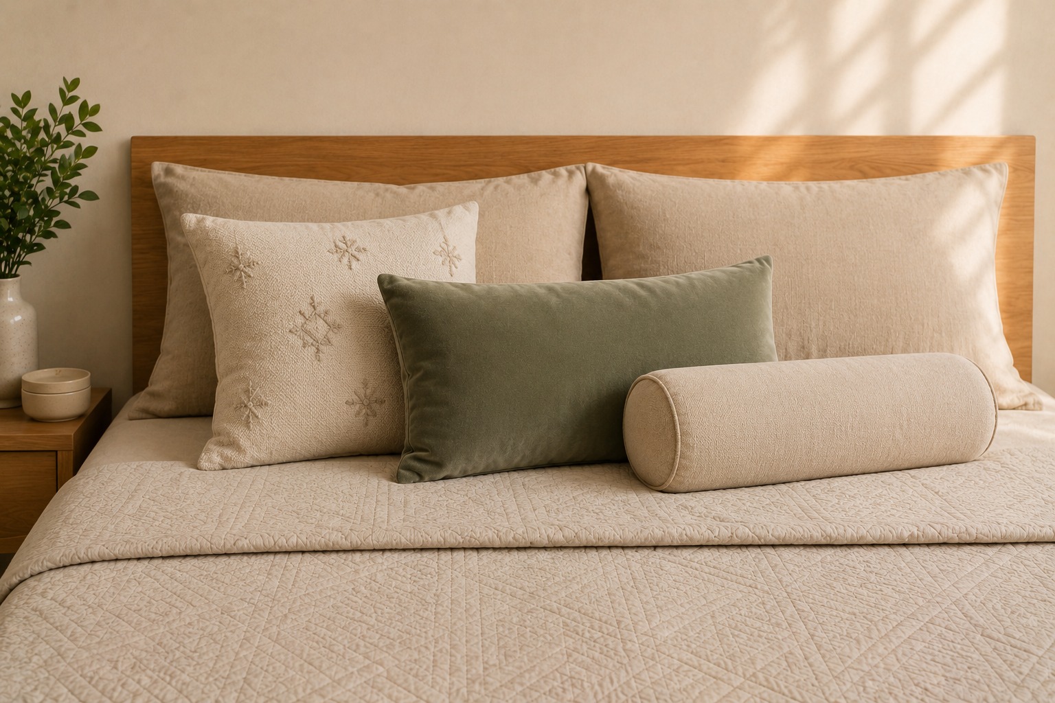 Arranjo de almofadas decorativas com sage green no centro, linho à esquerda e cilíndrica bege à direita na frente dos travesseiros