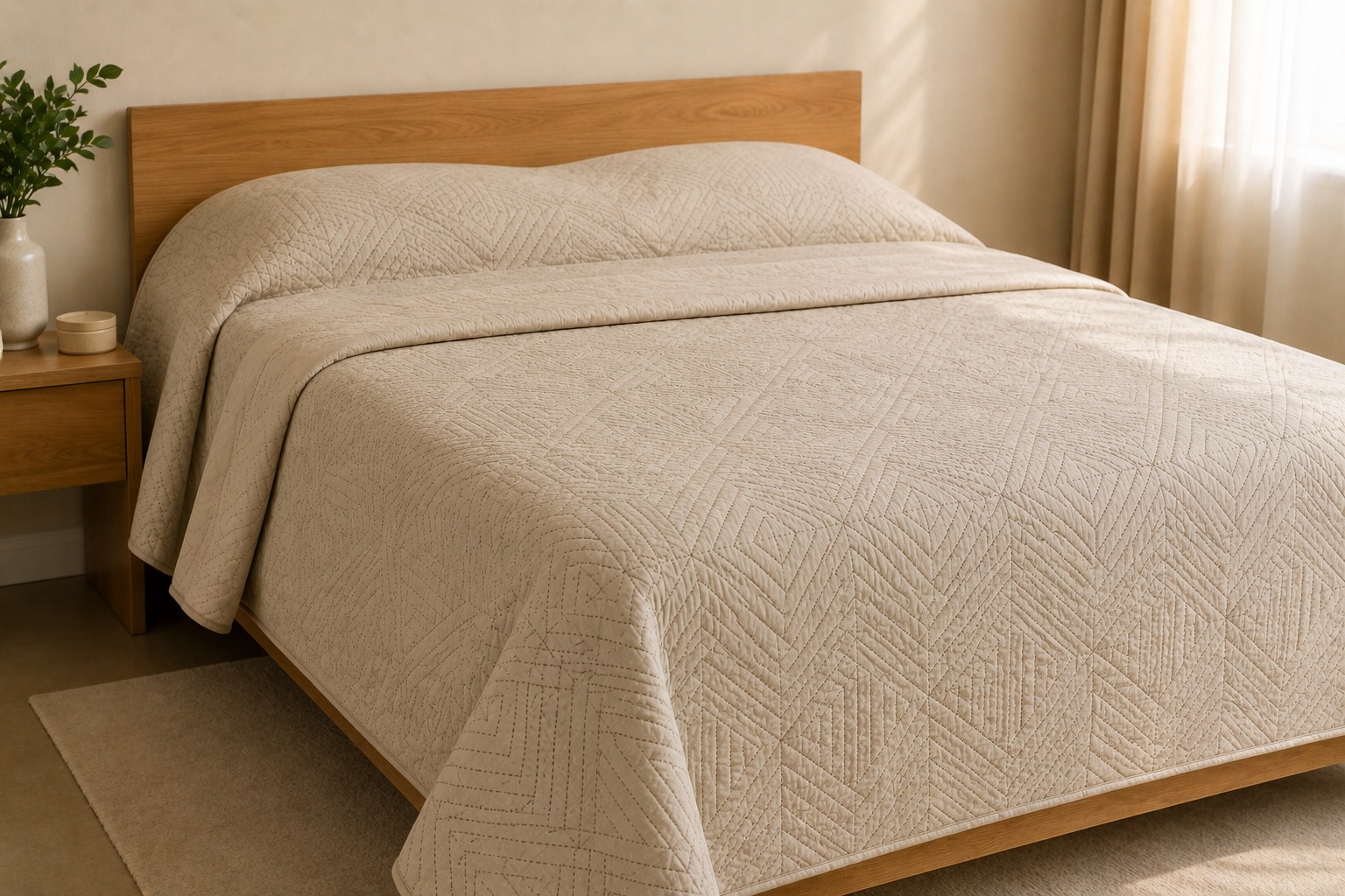 Colcha de casal em algodão acetinado bege areia com bordado sutil geométrico cobrindo toda a cama com dobra frontal elegante