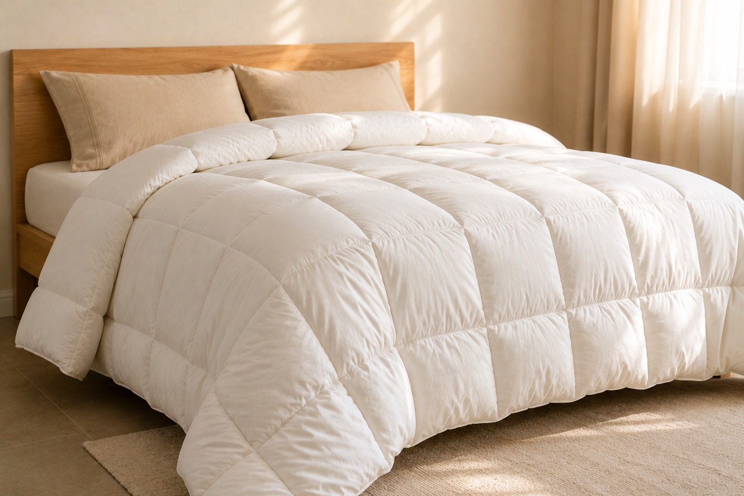 Edredom queen em microfibra off-white com costura quadriculada e enchimento generoso drapeado sobre cama de casal
