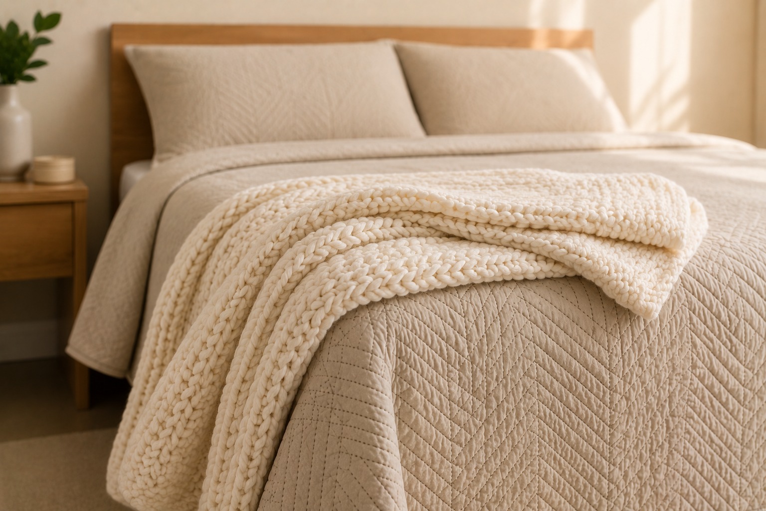 Manta de tricô grosso off-white com textura de malha aberta artesanal dobrada casualmente no canto do pé da cama