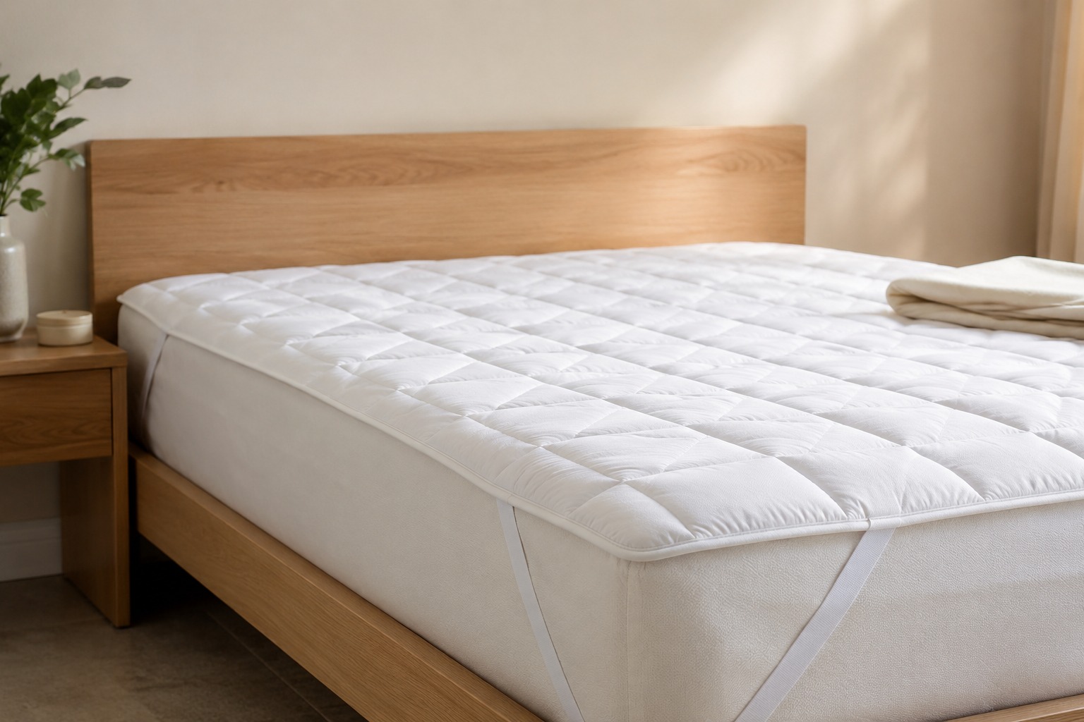 Protetor de colchão acolchoado em branco com textura matelassê e elásticos ajustados nas quinas do colchão
