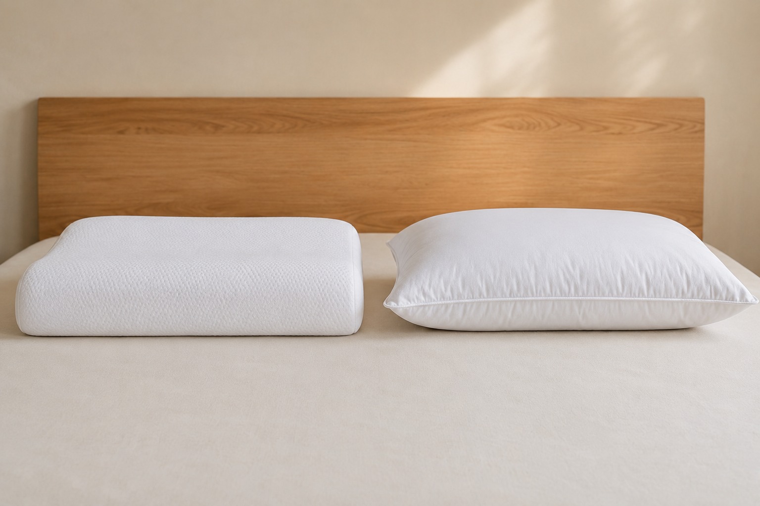 Comparação entre travesseiro de espuma viscoelástica firme e travesseiro de microfibra macio sobre lençol off-white